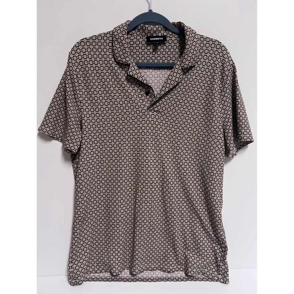 Express Mens Short Sleeve Geometric Diamond Print Polo Shirt Tan Black Size M